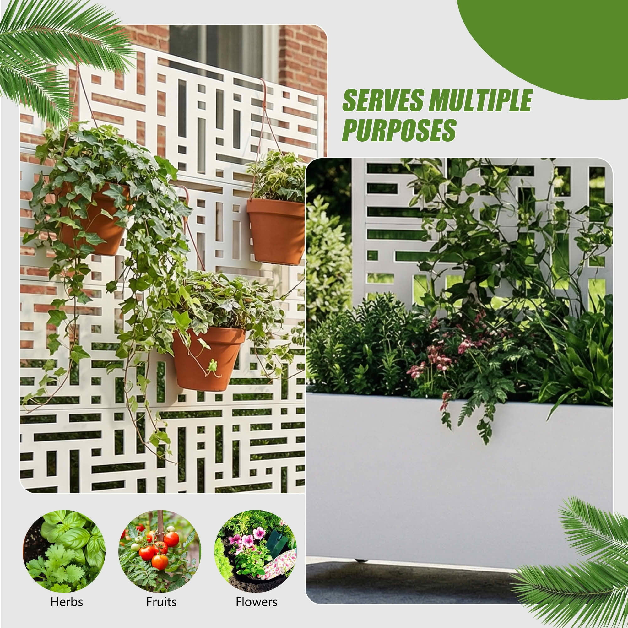 MAYEERTY 72X47" Metal Outdoor White Privacy Screen with Planter Box for Backyard & Garden, 5 Piece Set