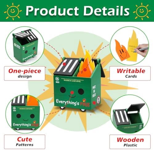 Dumpster Fire Pencil Holder with 100 Pcs Flame Note Cards, Funny Office Desk Accessories Decor, Great Gifts for Coworkers Teacher - Green (Already Assembled)