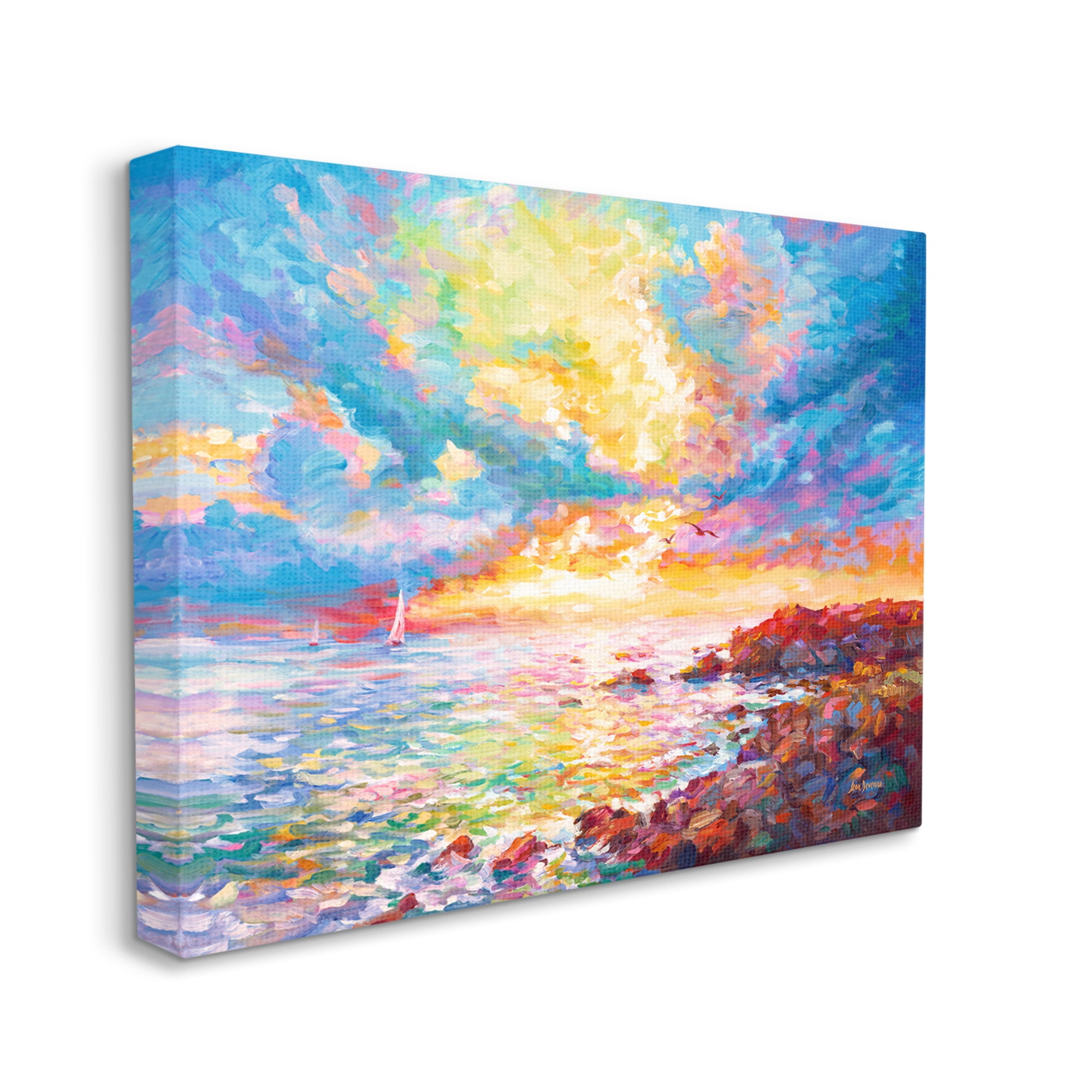 Stupell Industries Mediterranean Sunset Ocean Coast Landscape Painting Gallery Wrapped Canvas Art Print Wall Art, 20 x 16