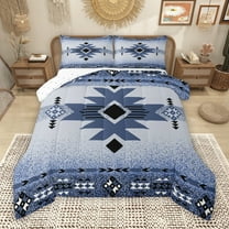 Manfei Blue Square Aztec Full Size Comforter Sets for Adult, Tribal Western Bohemian Bedding Comforter Set, Glitter Mandala Hippie Style Reversible Bedding Sets, Microfiber Bedroom Decor, 3-Piece