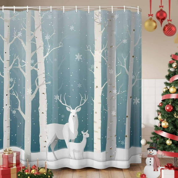 Christmas Shower Curtain, Winter Elk Blue Forest White Trees Snowflakes Waterproof Fabric Shower Curtains with 12 Hooks, Bathroom Curtain Set for Bathroom Accessories Decor, 60 x 72 Inches