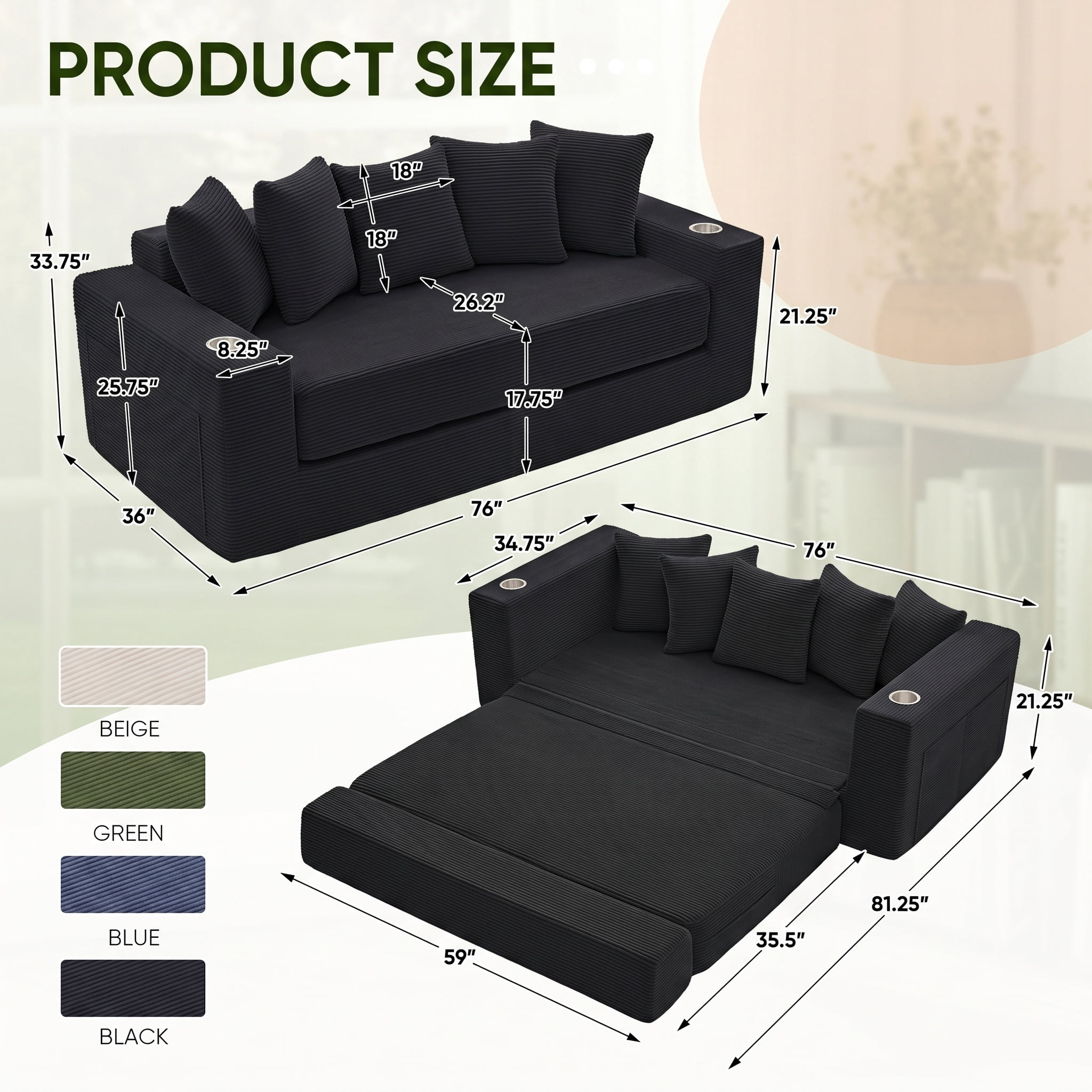 Lunale Convertible Sleeper Sofa Bed, Boneless Futon Cloud Couch, No Assembly Required, Pull Out Floor Couch Bed for Living Room, Black Corduroy