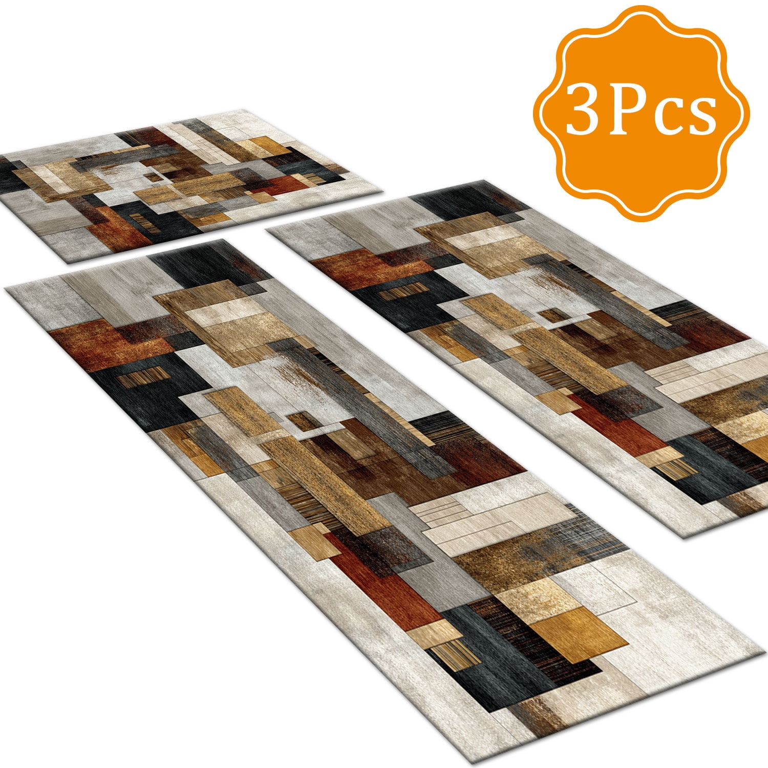 3 Piece Kitchen Rug Set, Non-Slip And Washable, Abstract Pattern Kitchen Hallway Rug, Soft And Comfortable, Suitable For Sinks, Floors, Entrances, Hallways and Bathrooms