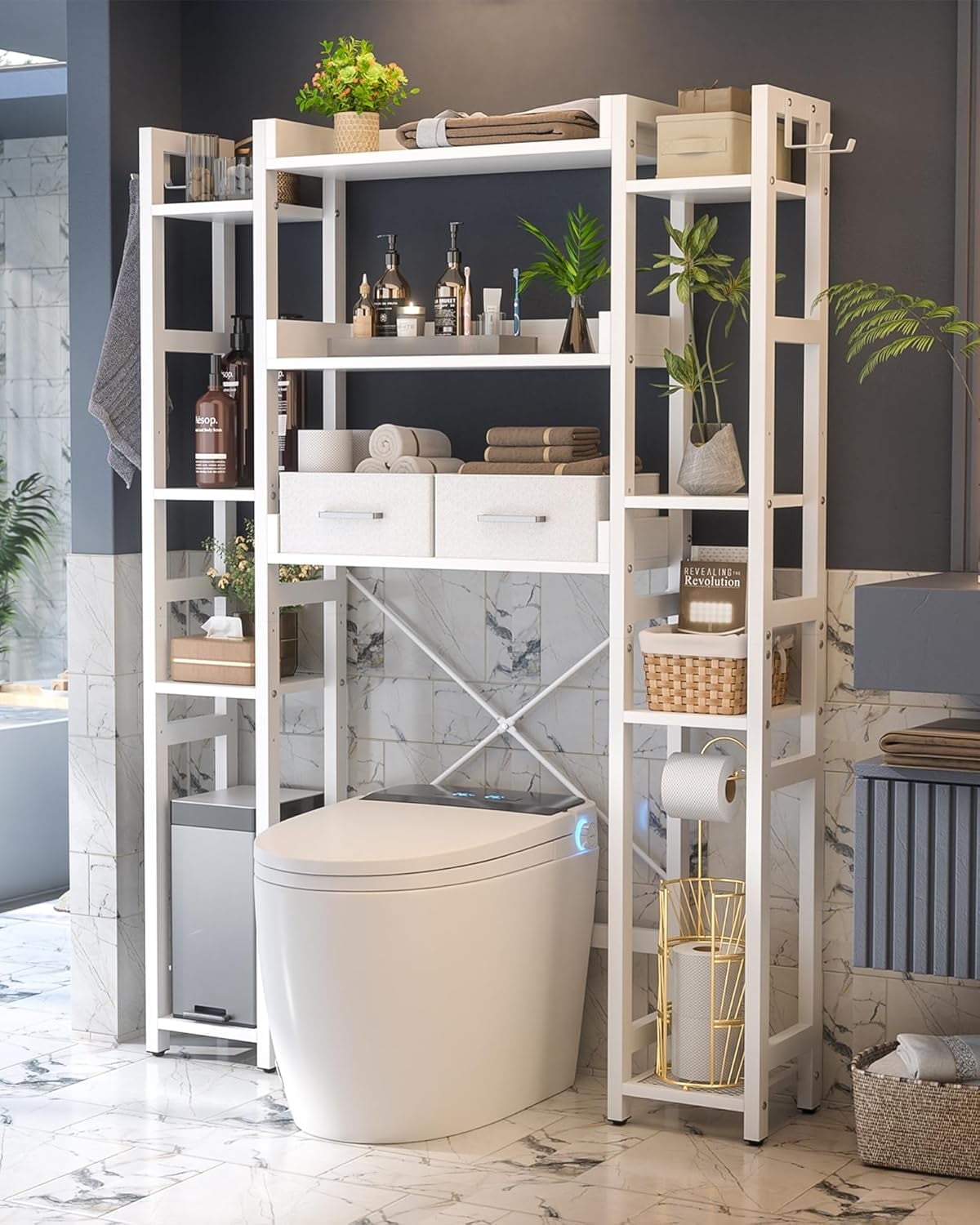 Homieasy Over The Toilet Storage with Drawers, 7-Tier Bathroom Organizer Freestanding Space Saver Storage Rack with 11 Shelves, Above Toilet Stand with 4 Hooks for Restroom, Laundry, White
