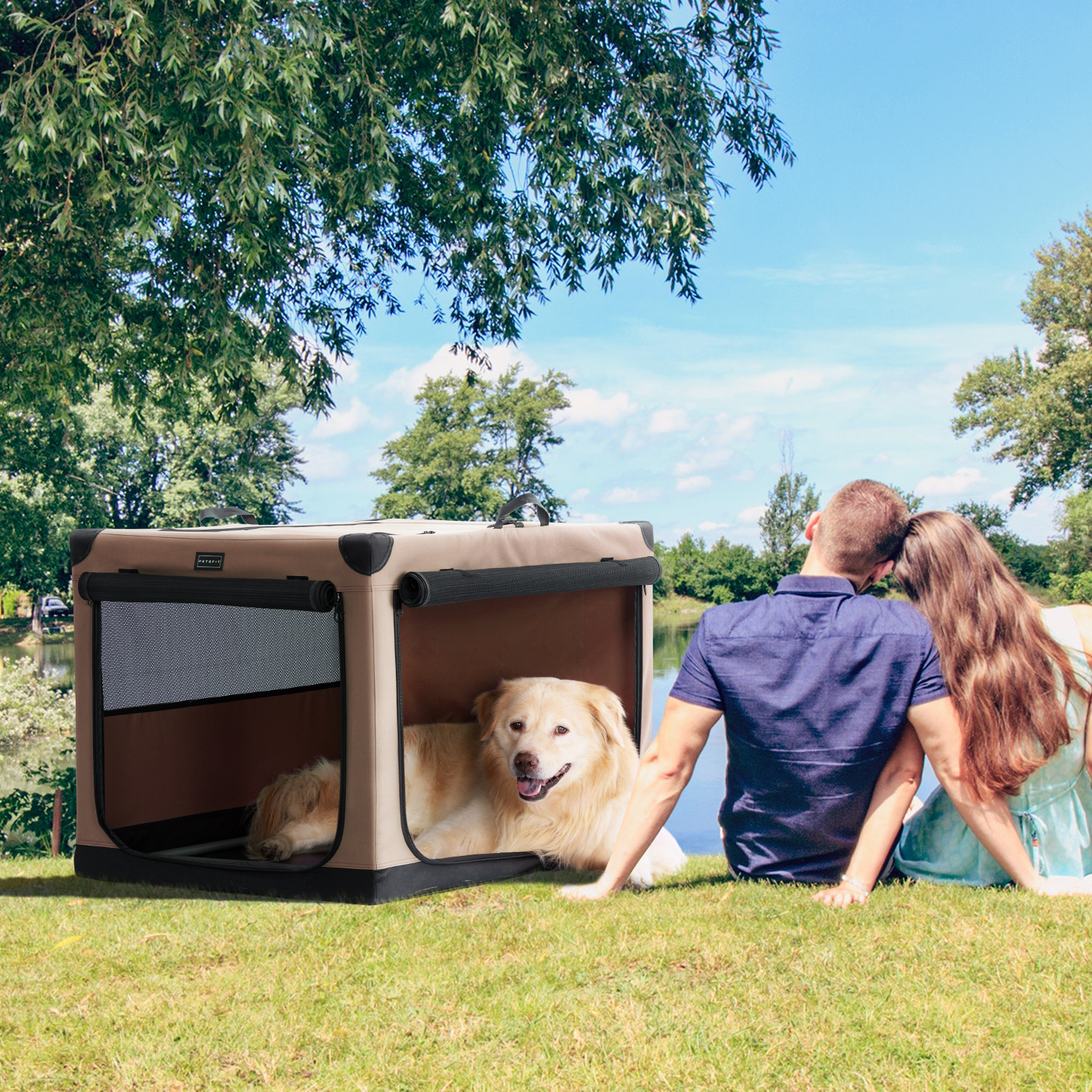 PETSFIT 36 Inch Portable Pet Care Kennel, Adjustable Fabric Cover by Spiral Iron Pipe,3 Door Design,Travel Dog Crate，Khaki