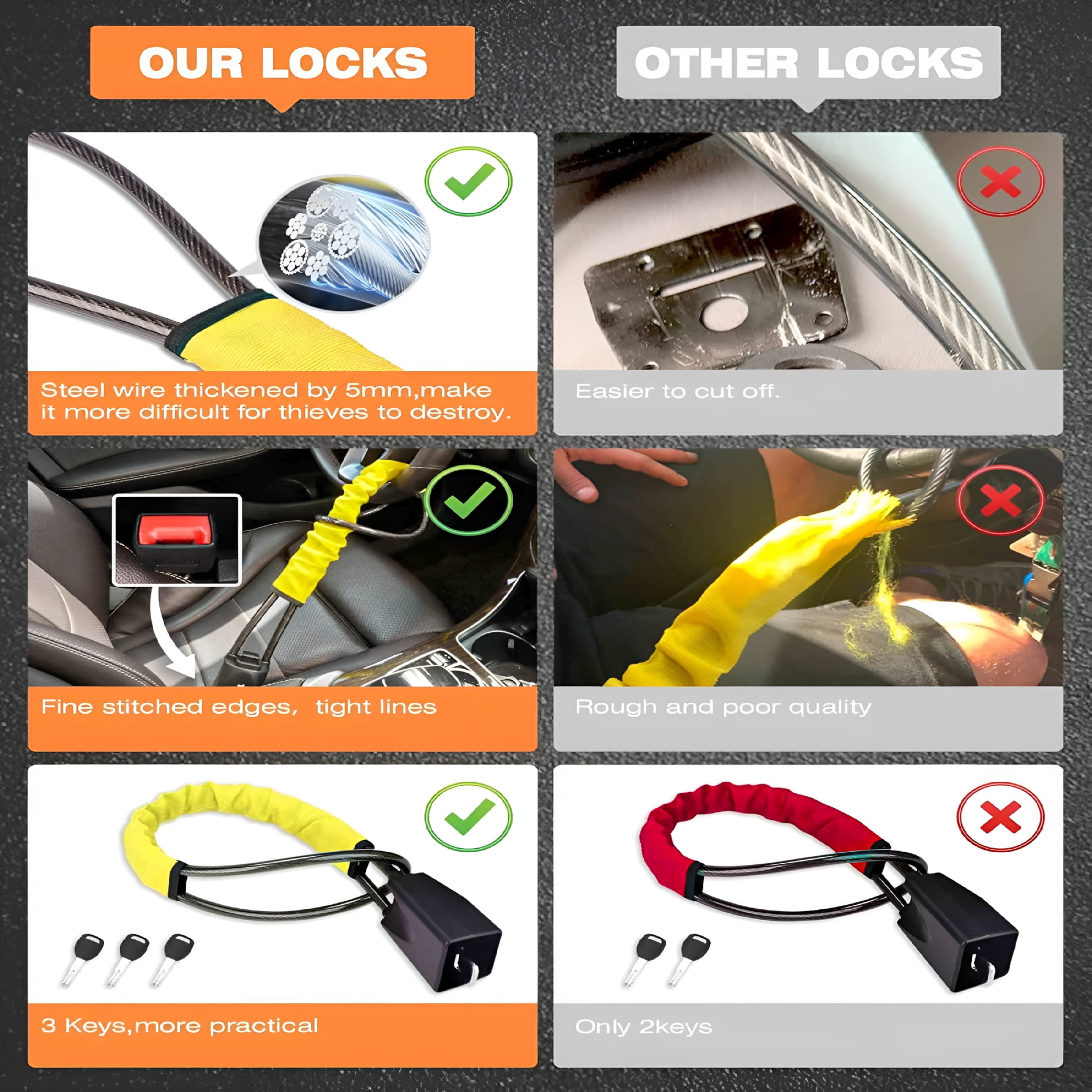 GJX Steering Wheel Lock Seat Belt Lock Universal Anti Theft Car Device Car Lock Car Theft Prevention with 3 Keys for Car Security Fit Most Vehicles Truck SUV Van(Yellow)