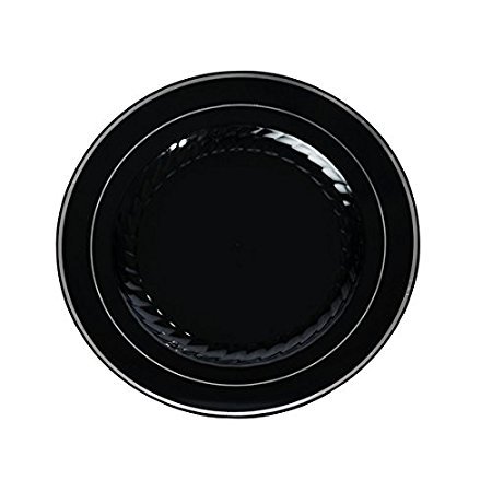 Black Rimmed Dinner Plate - Fineline Settings 506-BKS-X, 6-Inch Silver Splendor Black Plastic Plates With Silver Rim, Disposable Catering Dinner Serving Plates, 15-Piece Pack