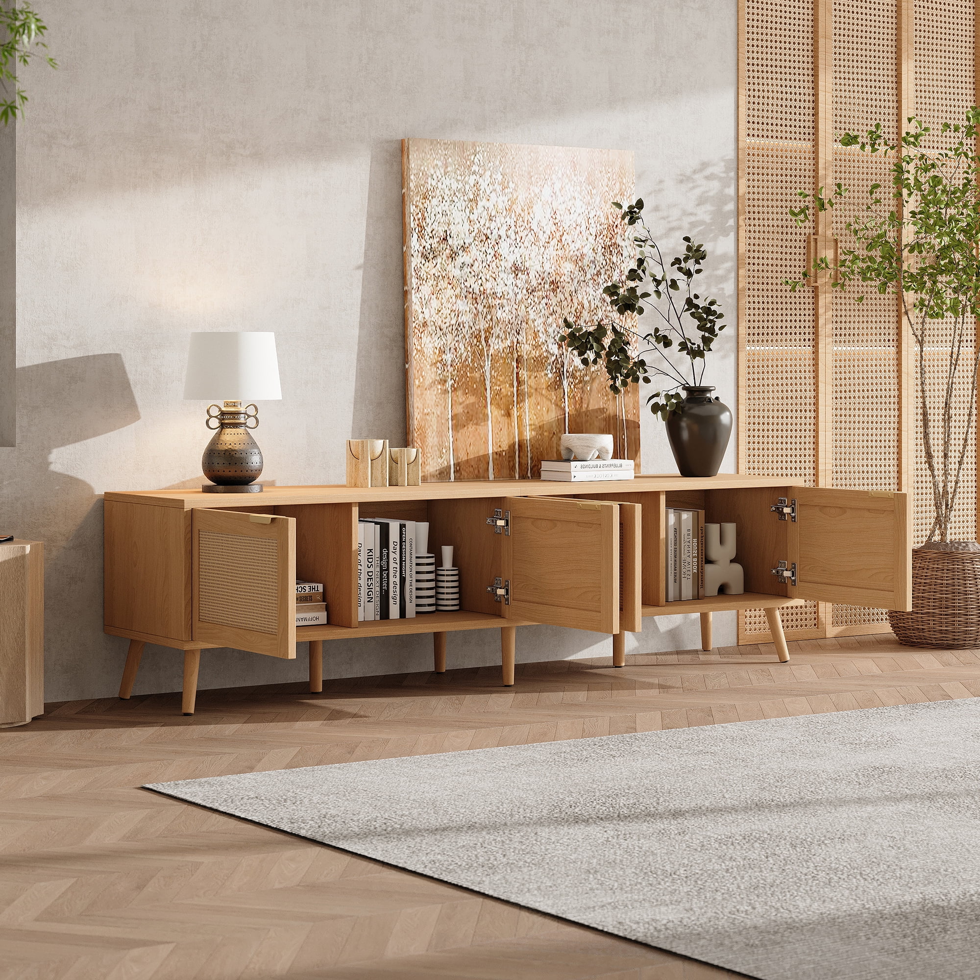 Euroco 70inch Modern TV Stand with Rattan Doors for TVs up to 80", Media Console with Storage Space & Cable Holes, Entertainment Center for Living Room