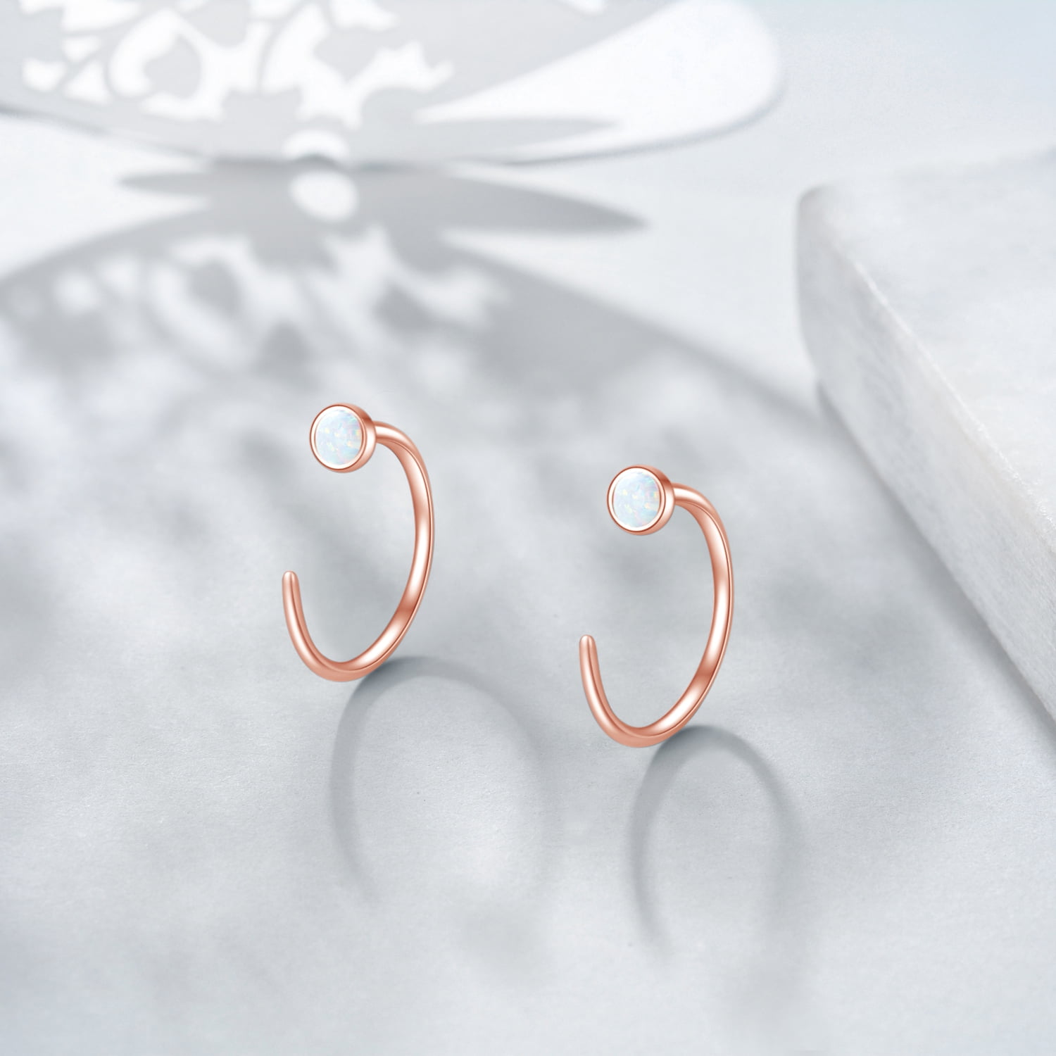 WINNICACA S925 Sterling Silver Half Cuff Earrings with Created Opal Dainty Everyday Jewelry Minimalist Stacking Birthday Anniversary Mothers Valentines Day Gifts for Women
