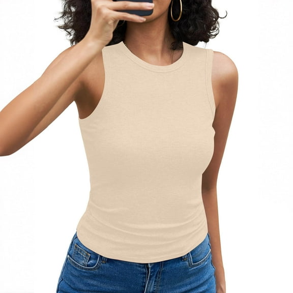 Fglymey Tank Tops for Women, Racerback Ribbed Tank Top, Women Slim Knit Basic Summer Tops Going Out Tops Long Sleeveless Shirt Beige 2XL
