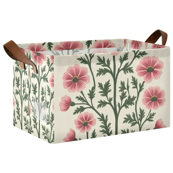 Yayeee Foldable Storage Basket for Shelves with Handles Waterproof Cloth Bins, Light Pink Flowers