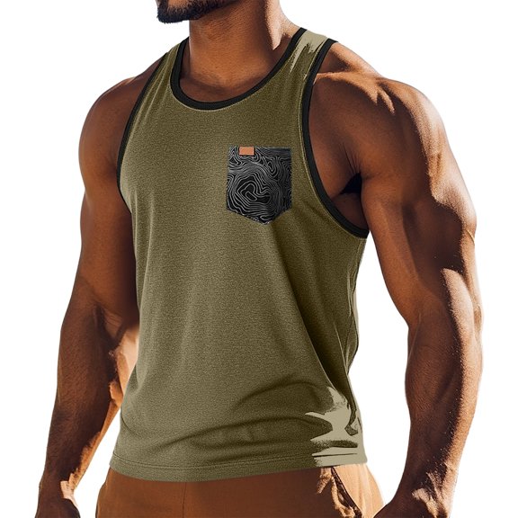 Men’s Athletic Tank Top with Contrast Trim and Patterned Chest Pocket Lightweight Sleeveless Shirt for Training Running Gym Army Green L