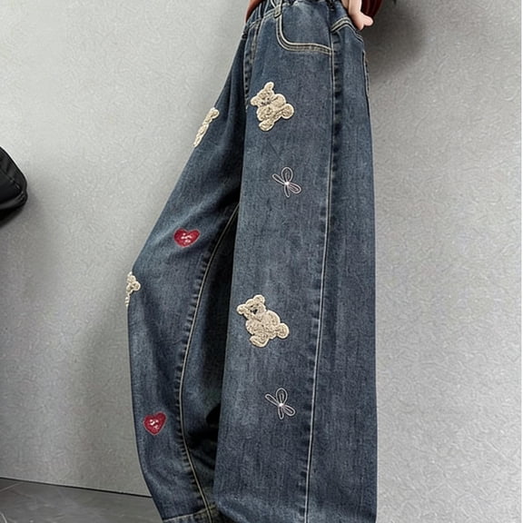 Amidoa Girls Jeans Wide Leg Baggy Straight Leg Casual High Waist Denim Pants,Dark Blue,Size 12