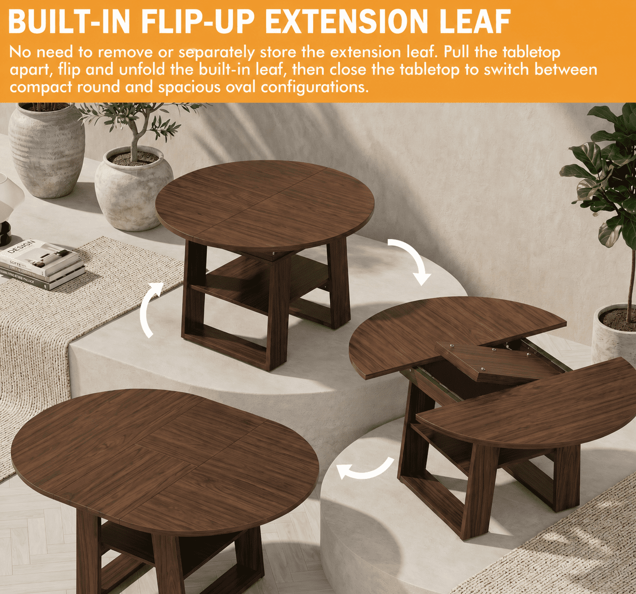 Extendable Round Dining Table 43.3-59 Inch, Round to Oval Kitchen Table with Flip Up Extension Leaf and Storage Shelf, Walnut