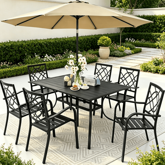 SOLAURA 8-Piece Outdoor Patio Dining Set with Umbrella, Stackable Metal Chairs and Rectangular Dining Table for 6 People (Brown)