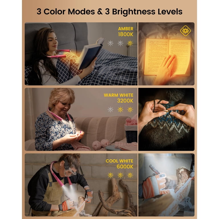 Glocusent Upgraded LED Neck Reading Light – 3 Colors & 3 Brightness, 30-Min Timer, 1000mAh Rechargeable, Ergonomic 1.2cm Thick, For Bed Reading, Knitting & Camping