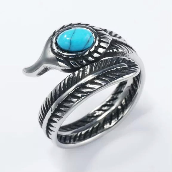 HOOUN Vintage Blue Turquoise Feather Ring Stainless Steel Retro Men Women Wedding Ring-9