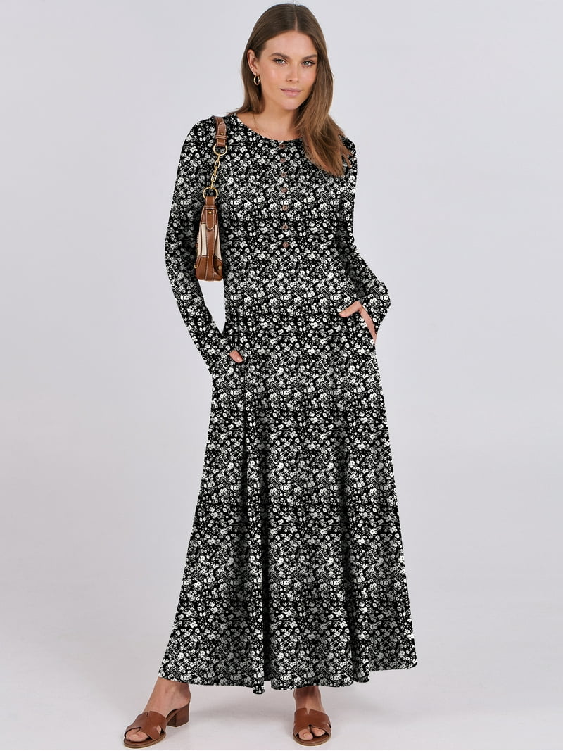 Luniro Women Fall Maxi Dresses Long Sleeve A-Line Flowy Fit & Flare 2025  Buttons Dress with Pockets - Walmart.com