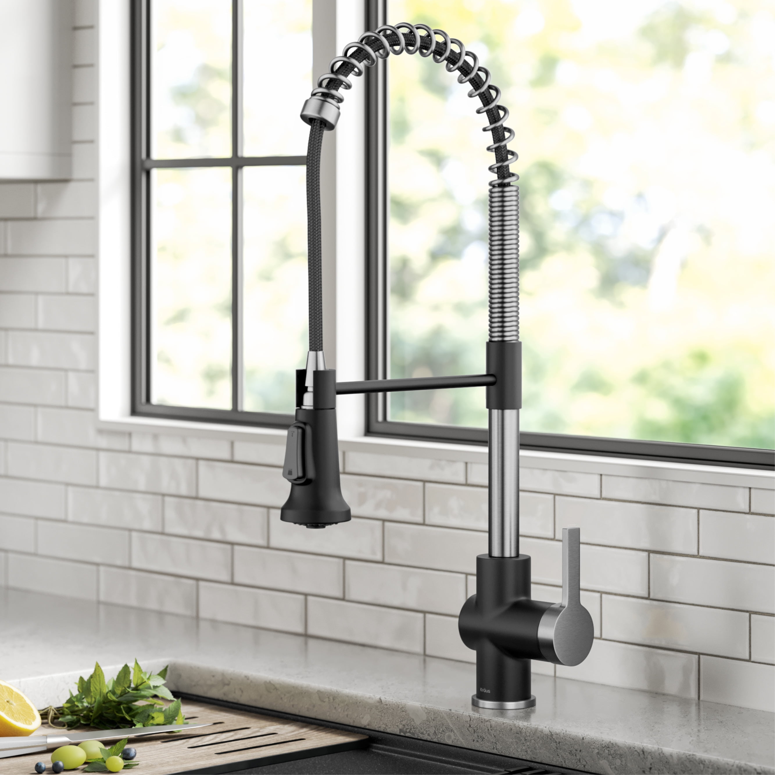 KRAUS Britt Commercial Style Pull-Down Single Handle Kitchen Faucet in Spot-Free Stainless Steel/Matte Black