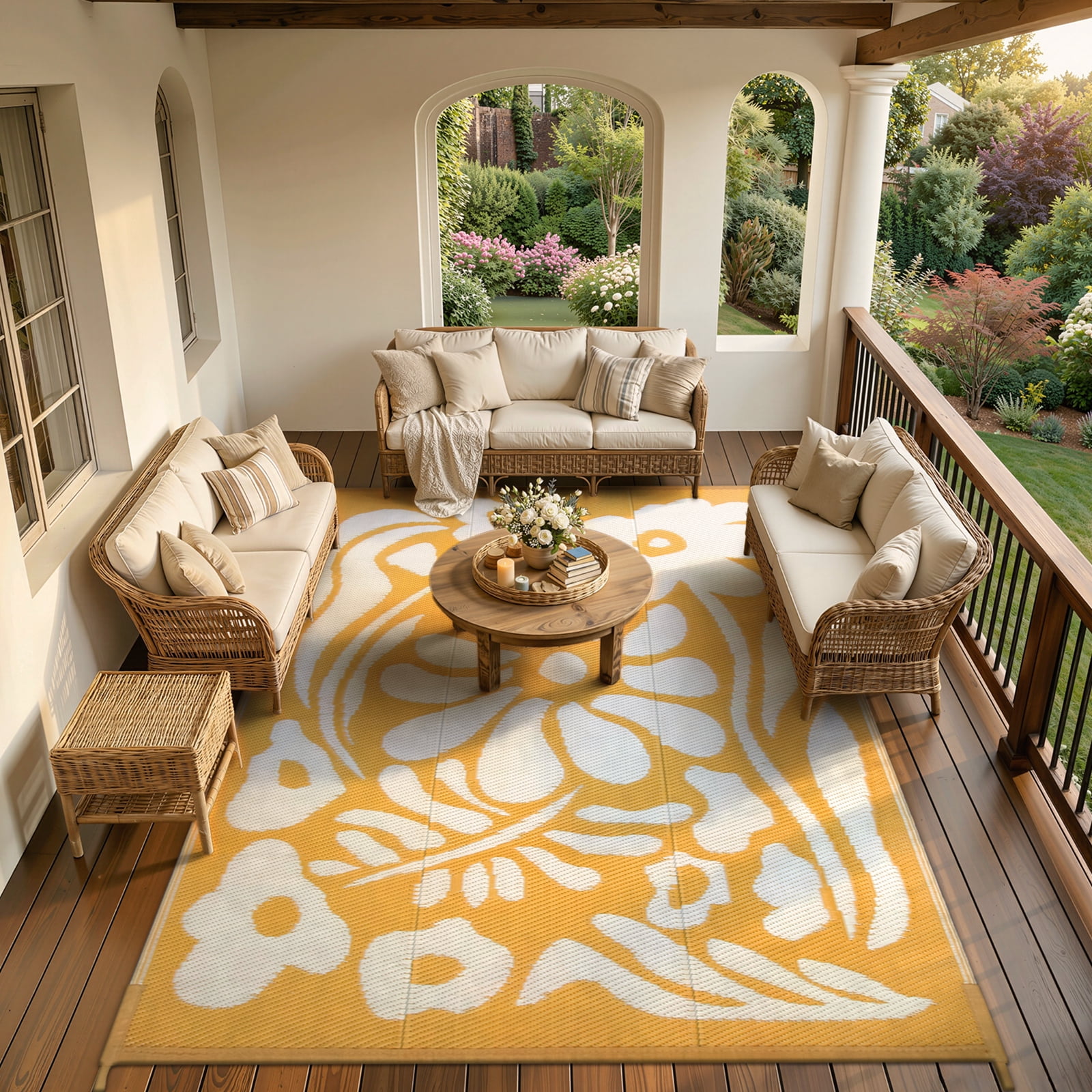 Lahome 6'x9' Outdoor Camping Rug - Waterproof Reversible Straw Mat,Abstract Floral Pattern for Camper, Garden & Beach (Orange)
