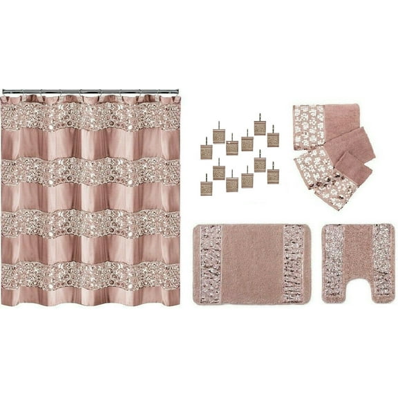 7 Piece Sinatra Blush Pink Shower Curtain, Resin Shower Hooks, 2 Rugs and Towel Set