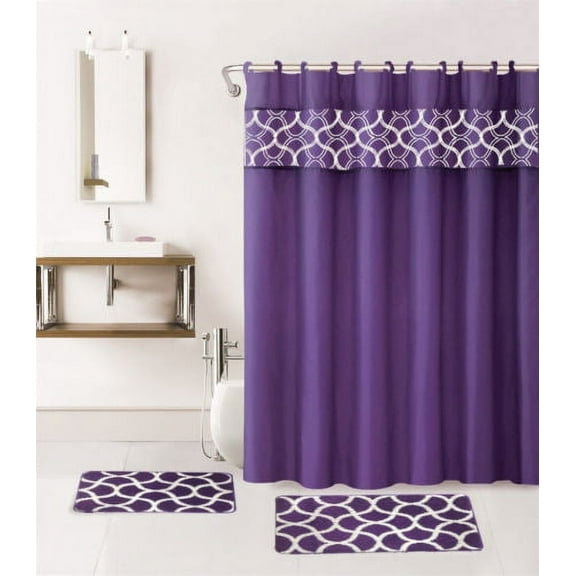 15-PC Geometric PURPLE HIGH QUALITY Jacquard Bathroom Bath Rug Set Washable Anti Slip Rug 18"x28", Contour Mat 18"x18" and shower and hooks with Non-Skid Rubber Back