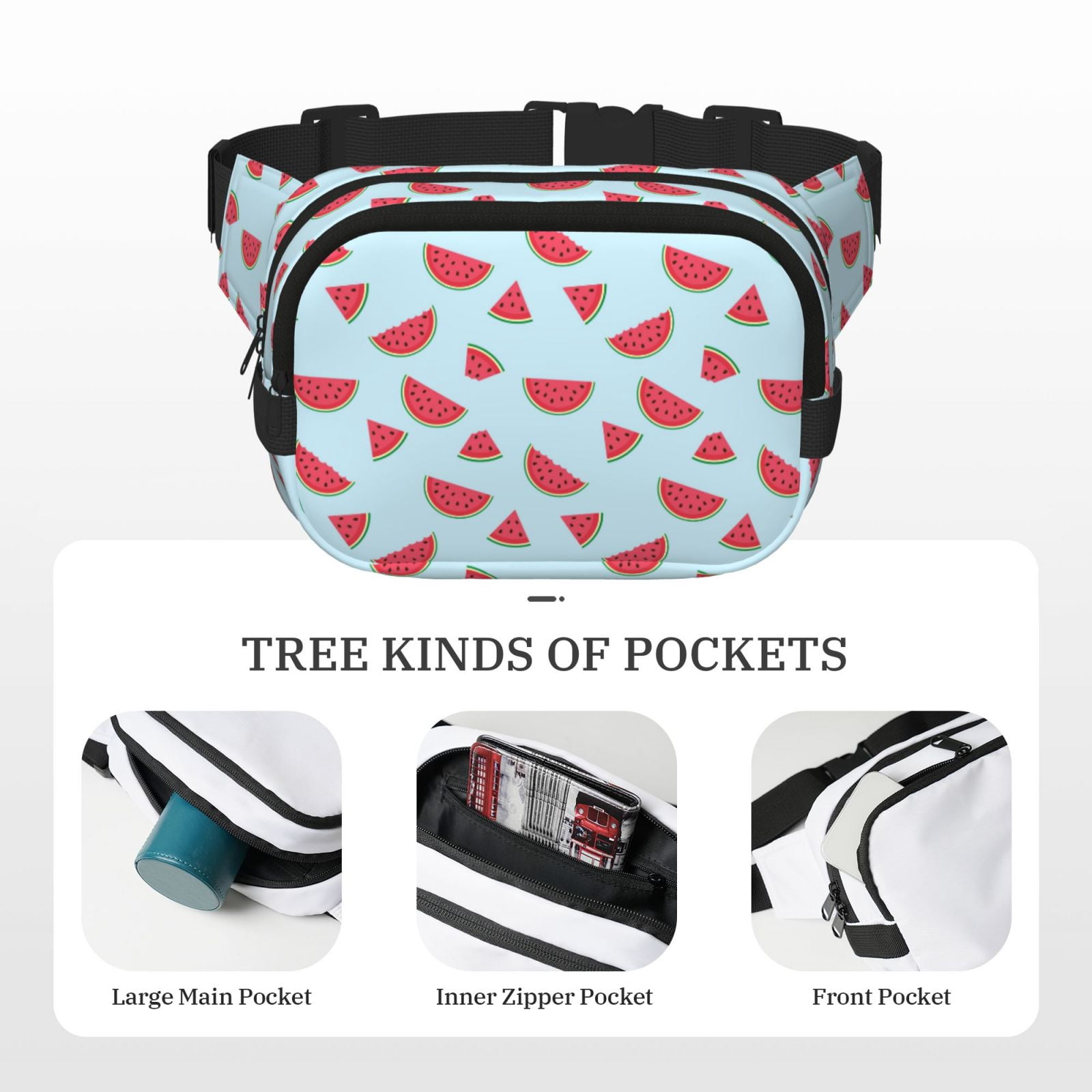Fuzoiu Watermelon Print Unisex Square Double Layer Waist Bag,Crossbody Fanny Pack Travel Workout Accessory