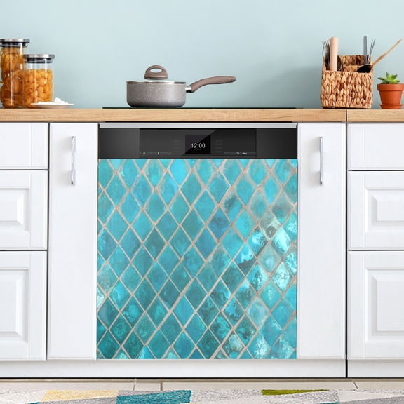 Turquoise Ceramic Mosaic Dishwasher Magnet Cover Reuseable Refrigerator Magnet Cover Decal Fridge Microwave Stickers Hoilday Party Decor 23 x 26 Inch