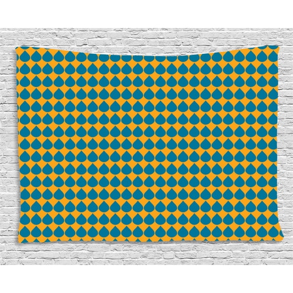Blue and Orange Tapestry, Water Droplet Pattern with Warm Colored Background Aquatic Drip Design, Wall Hanging for Bedroom Living Room Dorm Decor, 80W X 60L Inches, Blue and Orange, by Ambesonne