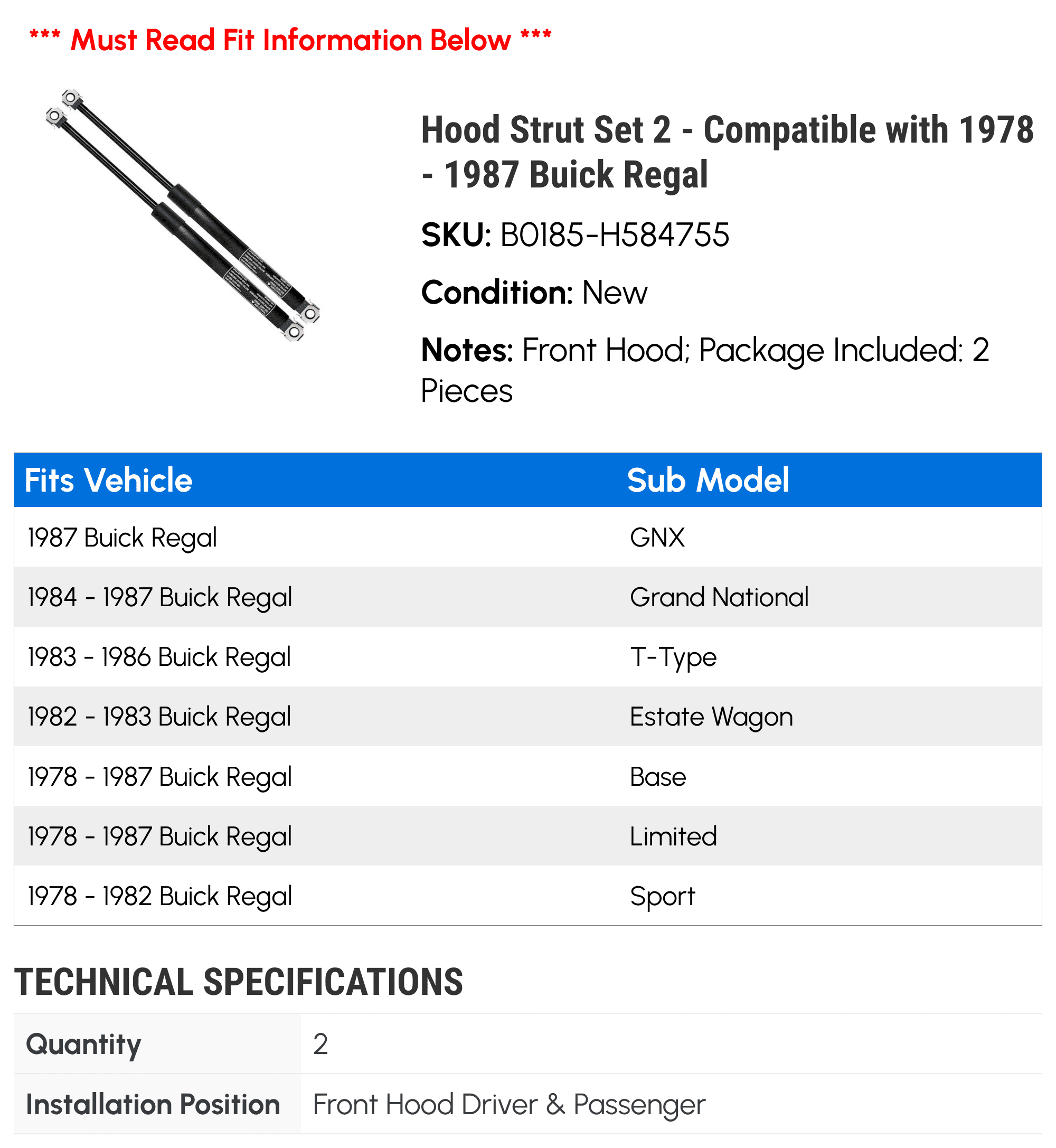 Hood Strut Set 2 - Compatible with 1978 - 1987 Buick Regal - Autopart Premium