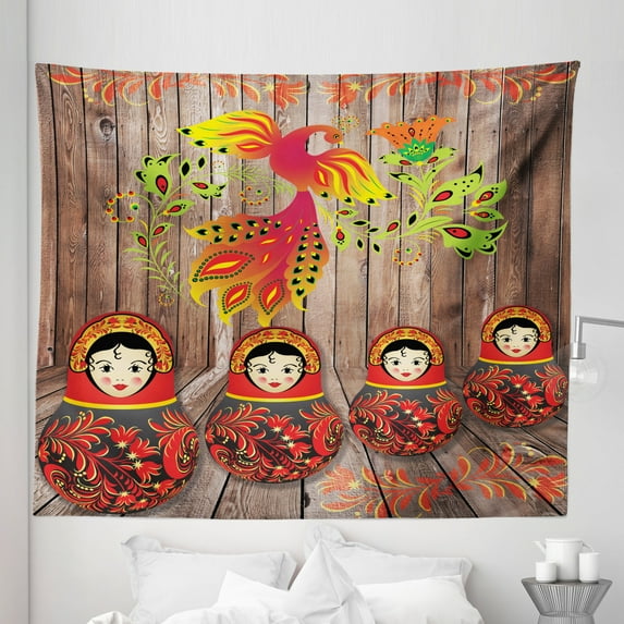 Ethnic Tapestry, Folkloric Image with Traditional Russian Dols and Floral Bird Ornament on Wooden, Fabric Wall Hanging Decor for Bedroom Living Room Dorm, 5 Sizes, Multicolor, by Ambesonne