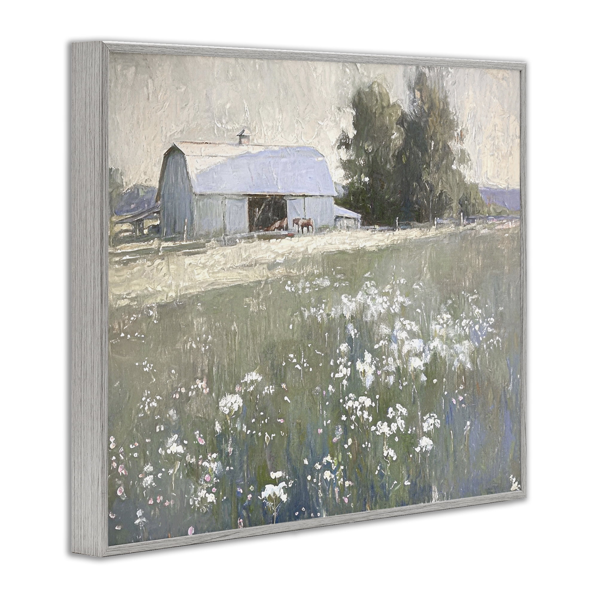 Stupell Industries Peaceful Farm Pasture Landscape Painting Gray Framed Art Print Wall Art, 14 x 11