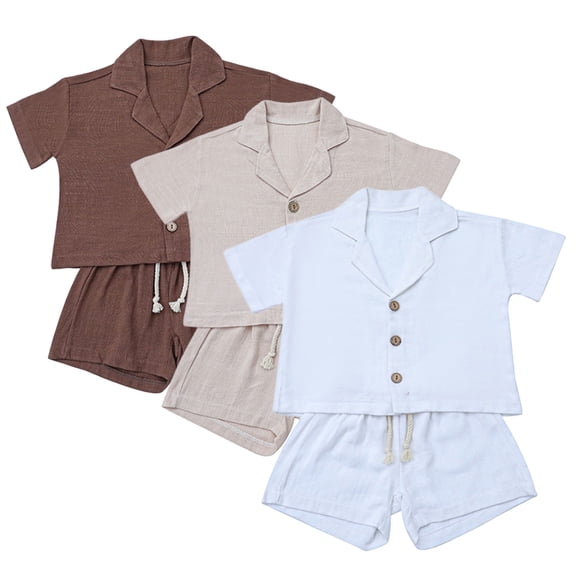 Ytdscs Infant Baby Boys Cotton Linen Shirt 2PCS Set Solid Color Short Sleeve Button down Tees Shirt Tops and Shorts Summer Outfit Clothes for 6 Months-3 Years