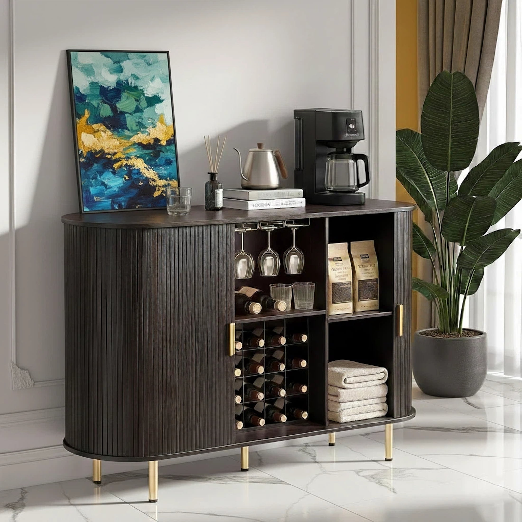Aisword 55" Wine Bar Cabinet with Storage, Fluted Liquor Coffee Bar Cabinet with LED Lights, Buffet Sideboard, Brown