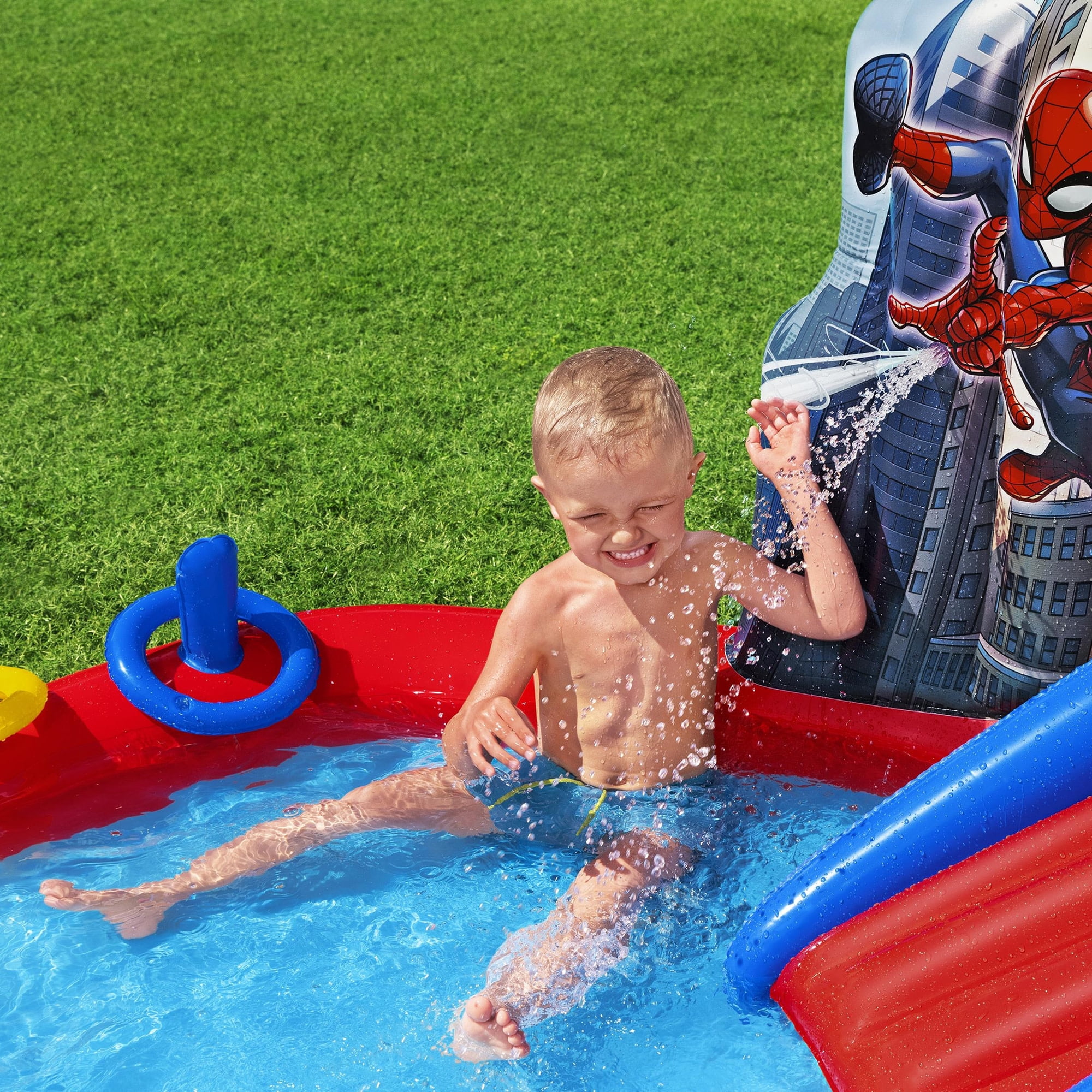 Bestway: Spider-Man Inflatable Water Play Center - 6'11"x6'9"x50", Splash Pool-Slide-Arch Sprayer, 6 Balls, Marvel Superhero Ring Toss, Toddler-Kid 2+