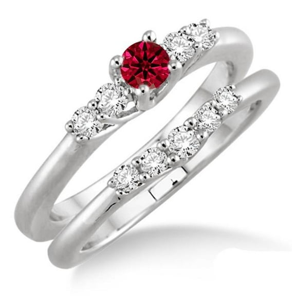 Fantastic Mind Blowing Moissanite Diamond 1.5 Carat Round Cut Red Ruby Inexpensive Bridal Set on 10k White Gold
