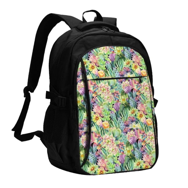 Balery Watercolor Blooming Cactus Mochila con carga USB para hombre y mujer - Mochila impermeable y antirrobo para portátil con puerto USB para viajes, trabajo, estudios y universidad