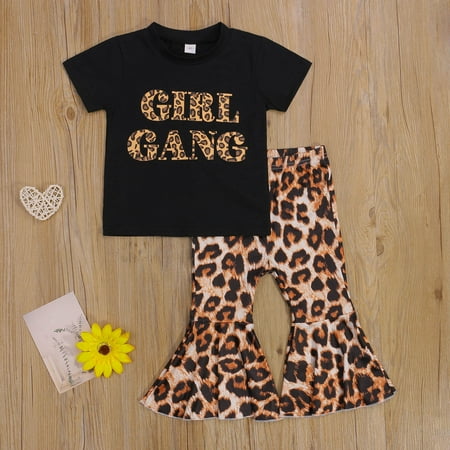 

Leutsin Summer Girls Letter Print Top + Leopard Flare Pants Two-piece Suit