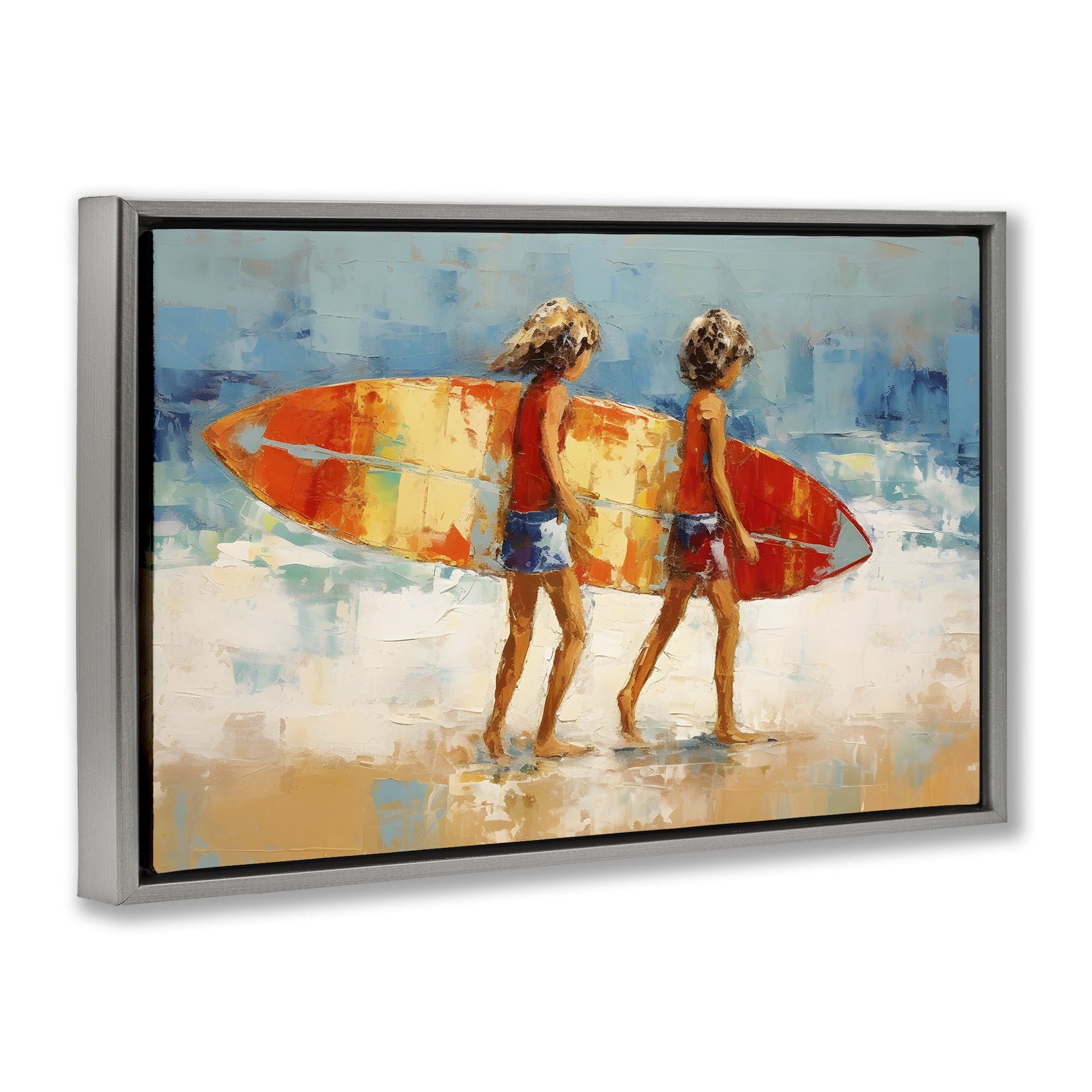 Stupell Industries Kids Holding Surfboard People Painting Gray Floater Framed Canvas Art Print Wall Art, 31 x 21