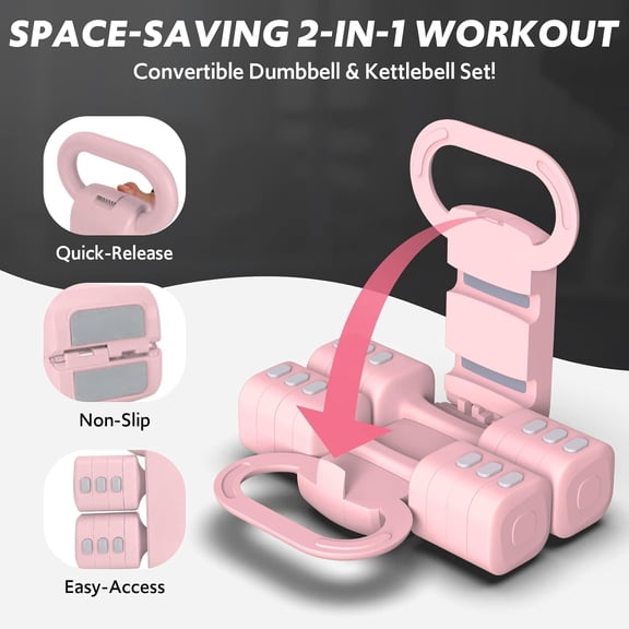 Adjustable Dumbbell Set of 2, 4-in-1 Convertible Kettlebell & Weights for Home Gym, Pink, 2.2-5.5lb per Hand