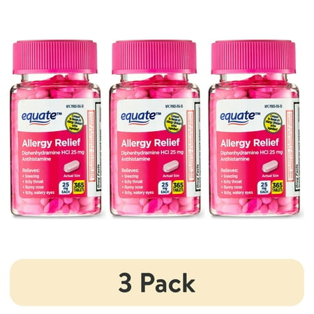 (3 pack) Equate Allergy Relief Tablets with Diphenhydramine Hcl 25mg Antihistamine, 365 Count