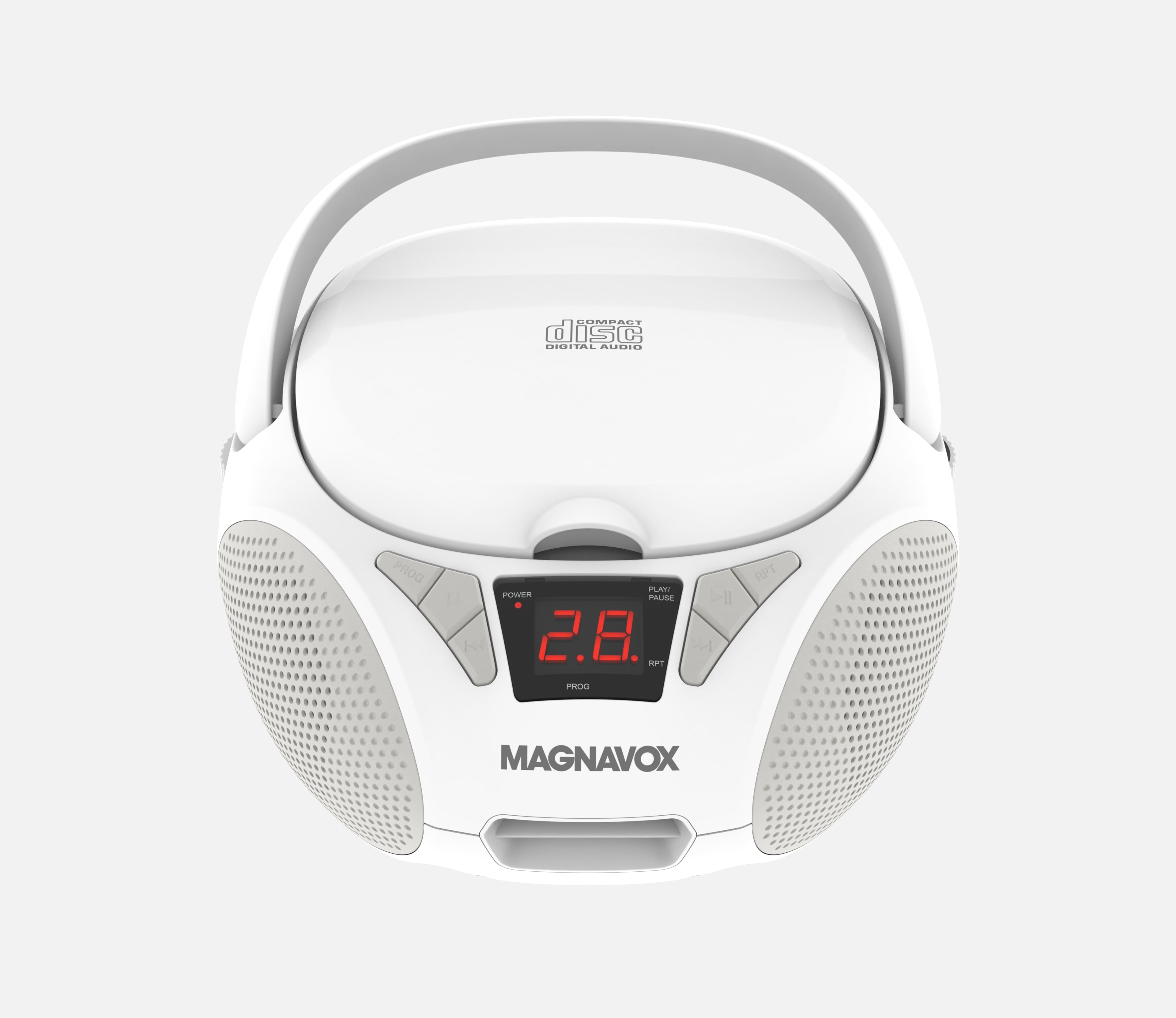 Magnavox Portable CD Boombox with FM Stereo Radio, Top-Loading CD Player, AUX Input, LED Display, AC/DC Power, Battery Operated Boombox, White