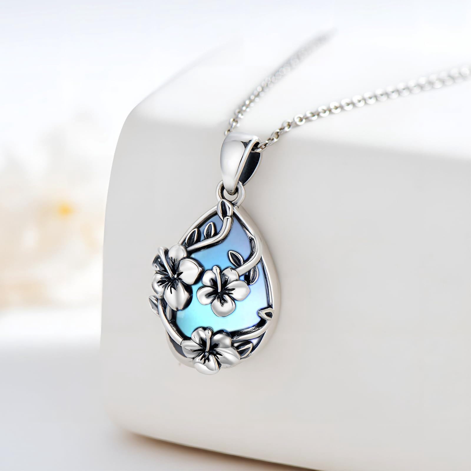 Coachuhhar Hibiscus Necklace 925 Sterling Silver Moonstone Hawaii Flower Pendant Necklace Hawaiian Jewelry Gifts Christmas for Women Mother Wife