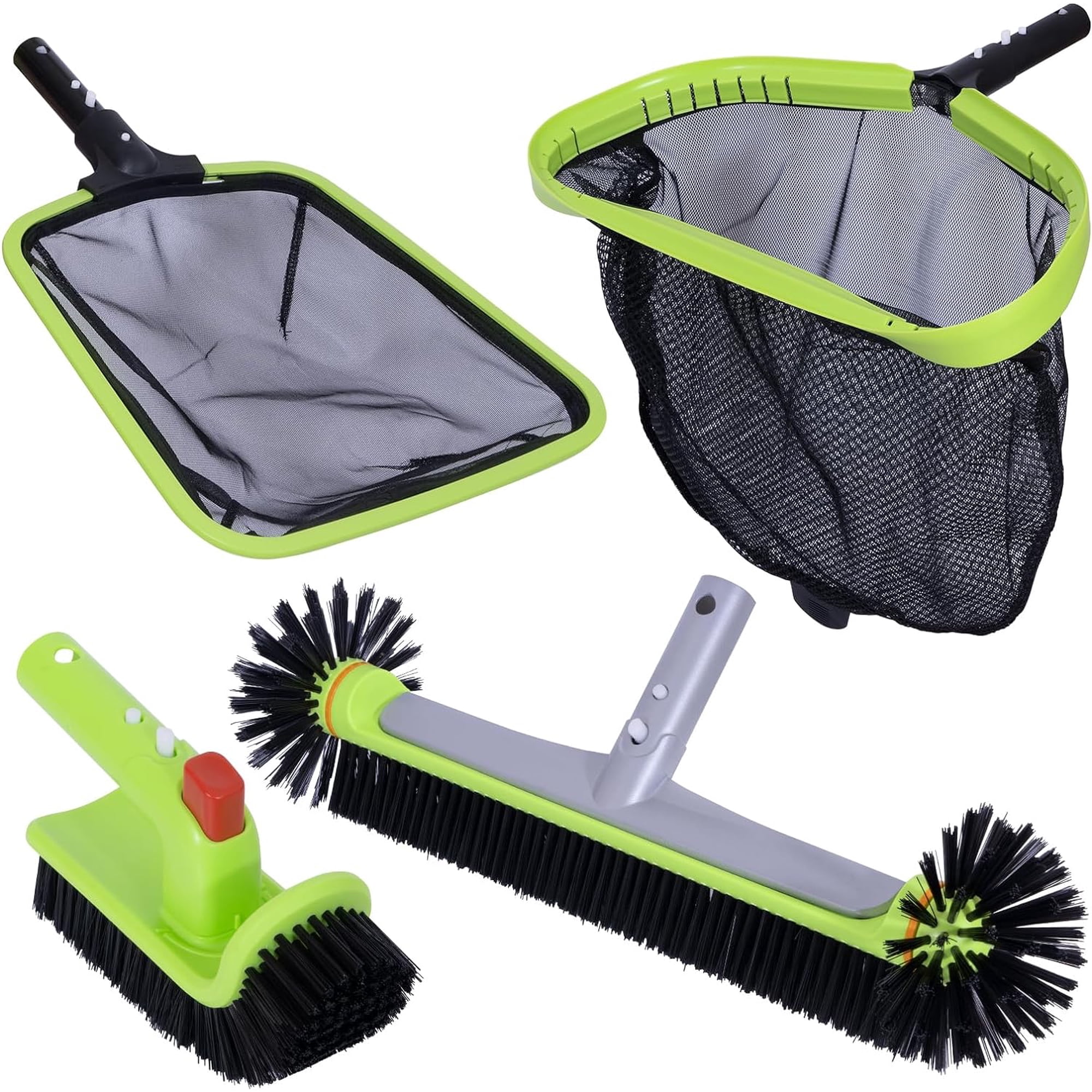 Deluxe Swimming Pool Cleaning Kit Including Professional Leaf Skimmer Net Half-Depth Fine Mesh Net 17.5 Pool Brush Head & Hand Scrub Brush(NO Pole)
