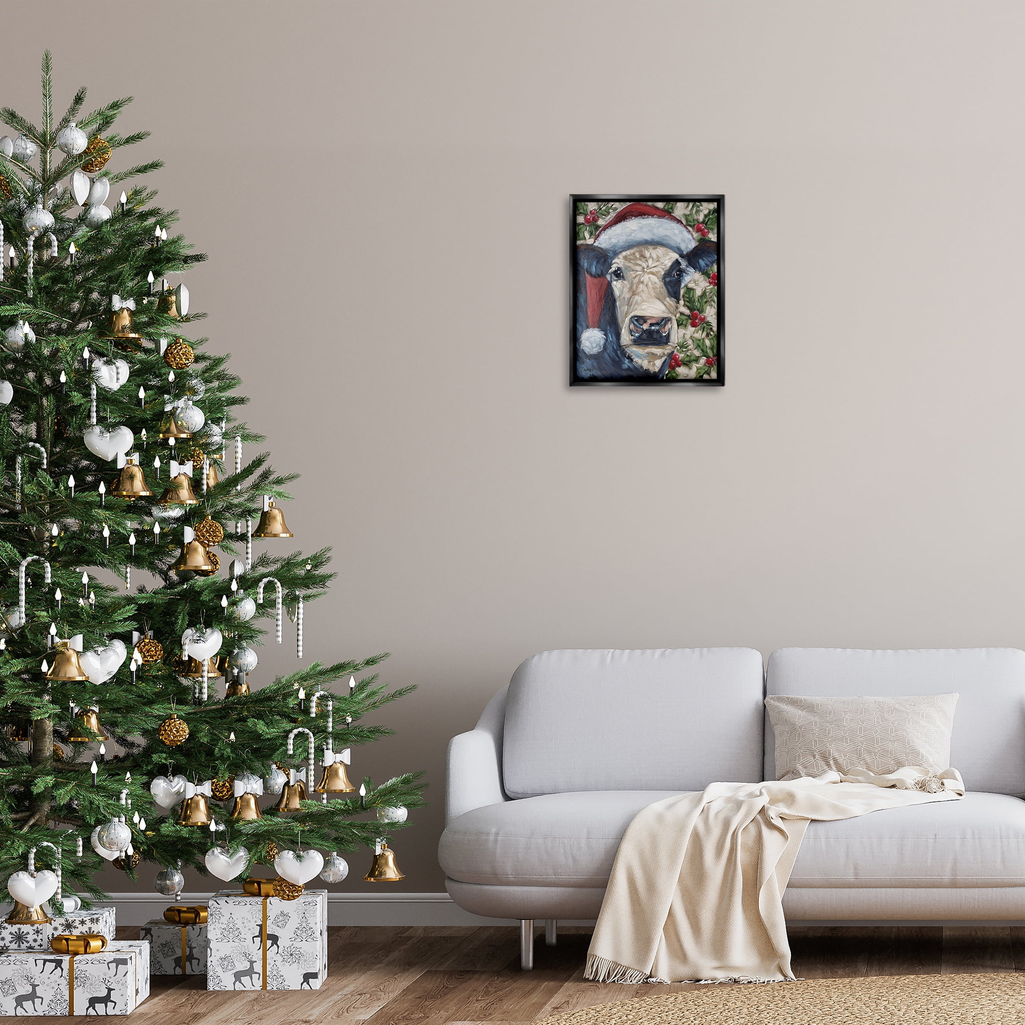Stupell Industries Cow with Festive Holly Holiday Painting Black Floater Framed Art Print Wall Art, 17 x 21