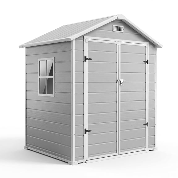 Outdoor Storage Shed with Floor, Plastic Resin Garden Shed with Window & Sloping Roof & Lockable Door for Patio Backyard Garden, Lawn Mower Bike Tool Storage, Light Gray 6x4 ft