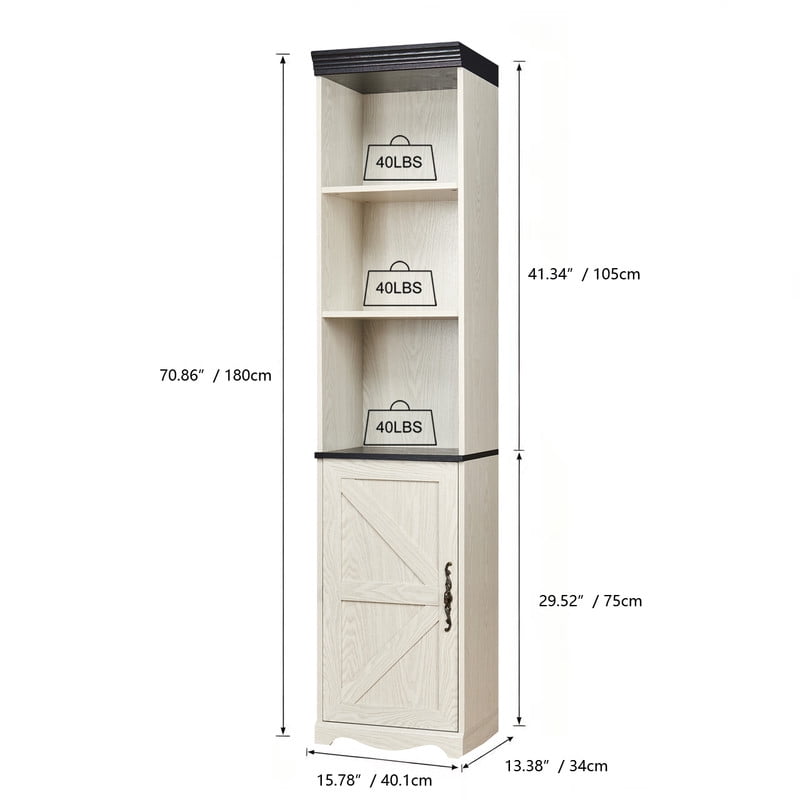 Farmhouse Storage Cabinet with Barn Door & Adjustable Shelf, Wood Bookcase for Home Office, Bookshelf with Open Display Cubbies