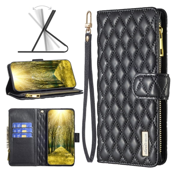 Elegant Wallet Case Compatible with Samsung Galaxy S20 (6.2 inch), Premium PU Leather Zipper Flip Folio Wallet with Wrist Strap Magnetic Closure Built-in Kickstand Protective Case (Black)