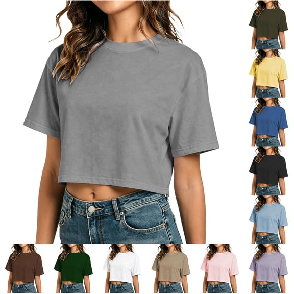 XIAONU Women Cropped T Shirt Short Sleeve Crew Neck Casual Summer Basic Top