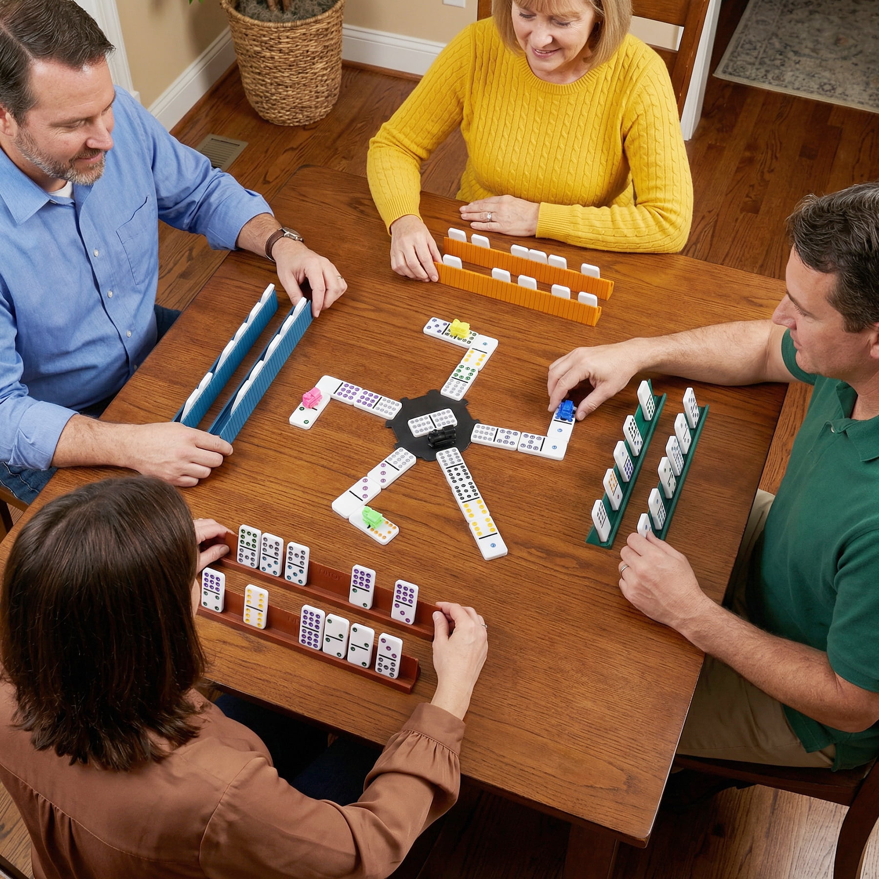 Mexican Train Dominoes Set for Adults, Double 12 Dominoes with 8 Silicone Racks, 91 Color-Coded Tiles, Hub, 9 Train Markers, Scoreboard & Carry Bags - Classic Family Board Game